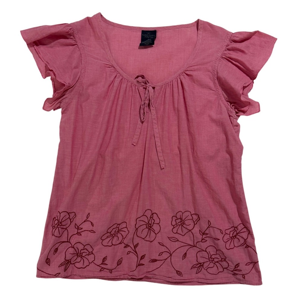 Faded Glory Pink Organic Cotton Embroidered Peasant Blouse Women's M
